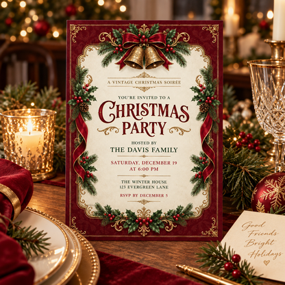Burgundy and gold Christmas invitation standing among candles and wine glasses