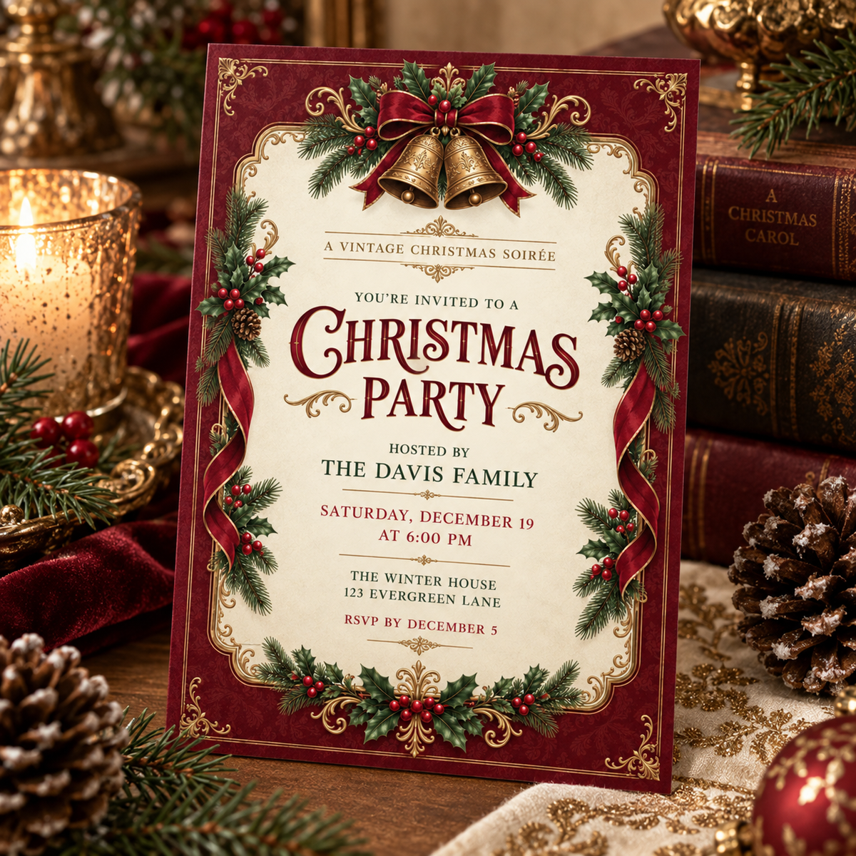 Victorian style Christmas invitation on a wooden table with pine cones and ornaments