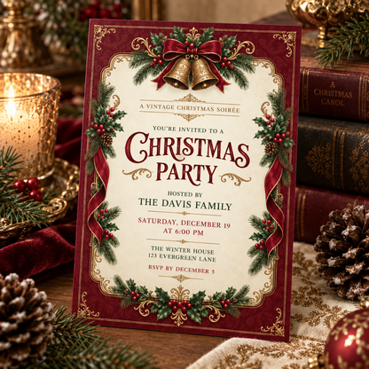 Victorian style Christmas invitation on a wooden table with pine cones and ornaments