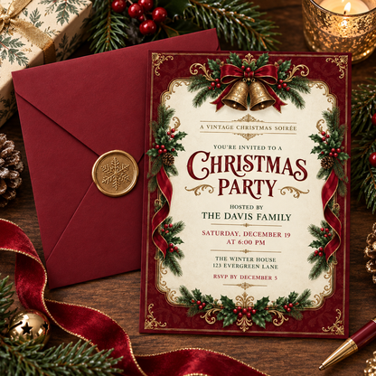 Burgundy Christmas invitation with a matching burgundy envelope and gold wax seal