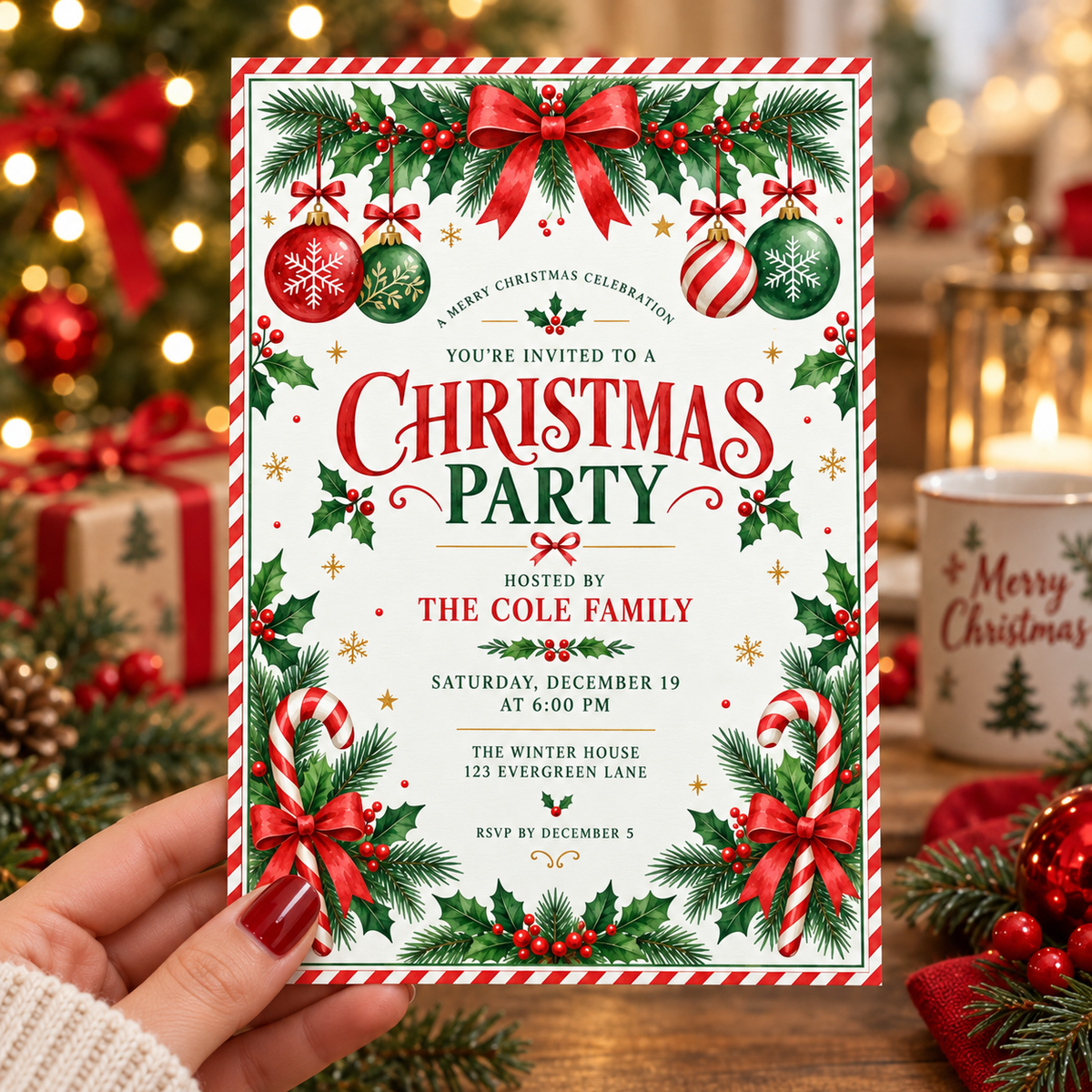 Candy cane Christmas party invitation with ornaments held in a hand by a decorated tree