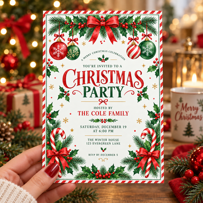 Candy cane Christmas party invitation with ornaments held in a hand by a decorated tree