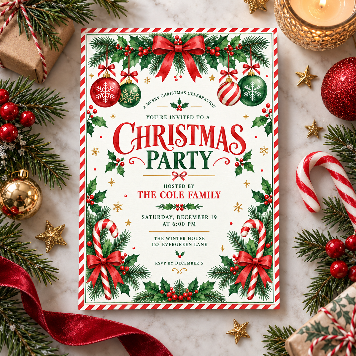 Red and green Christmas invitation on a white surface with candy canes and pine