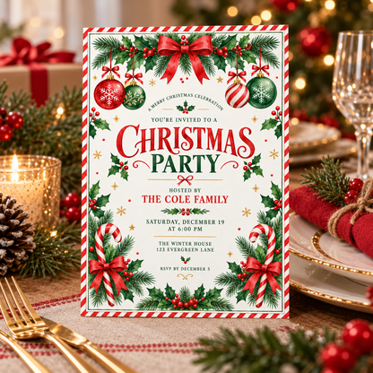 Christmas celebration invitation on a table with gold cutlery and red ornaments