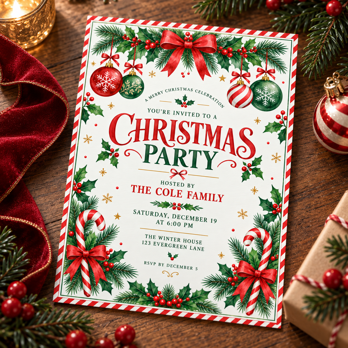 Candy stripe Christmas invitation on red fabric with pine branches and baubles