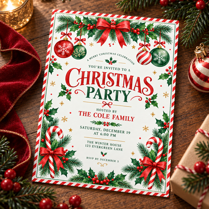 Candy stripe Christmas invitation on red fabric with pine branches and baubles