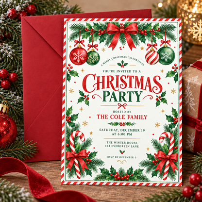 Red and green Christmas invitation with a red envelope and holly sprigs