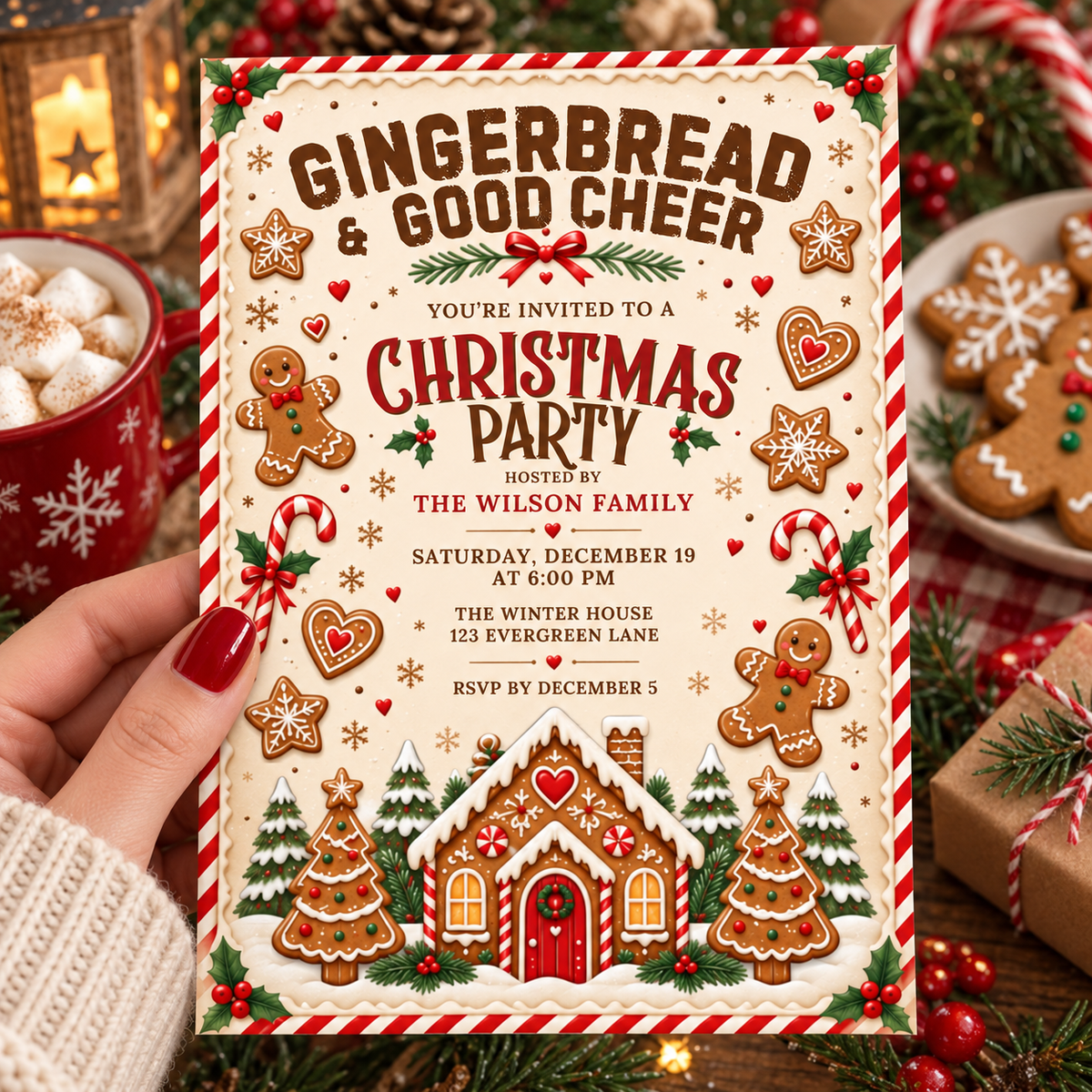 Gingerbread Christmas party invitation held in a hand beside cocoa and cookies