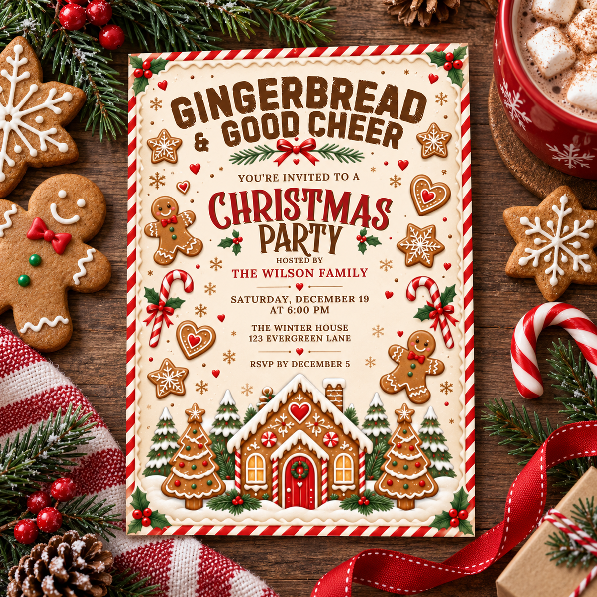 Gingerbread and Good Cheer invitation on red fabric with gingerbread cookies