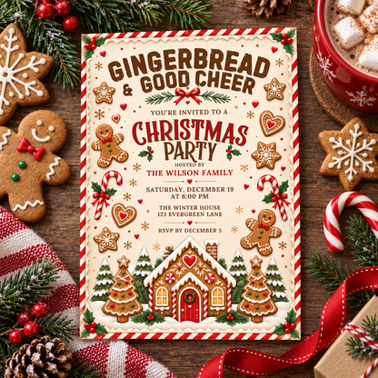 Gingerbread and Good Cheer invitation on red fabric with gingerbread cookies