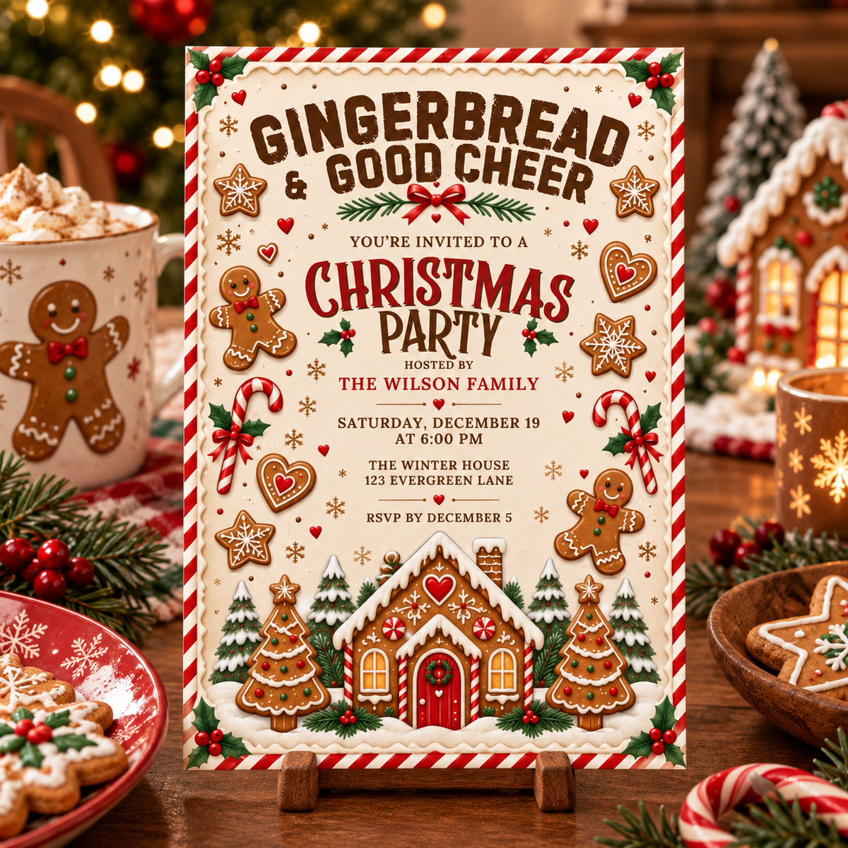 Gingerbread Christmas invitation on a table with marshmallow cocoa and candy canes