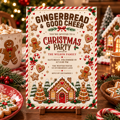 Gingerbread Christmas invitation on a table with marshmallow cocoa and candy canes