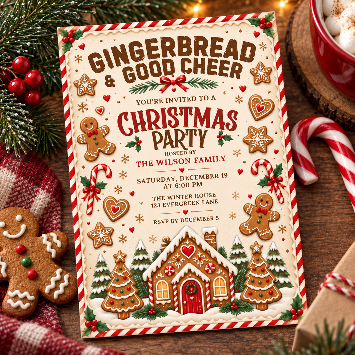 Gingerbread house Christmas invitation lying among cookies and pine branches