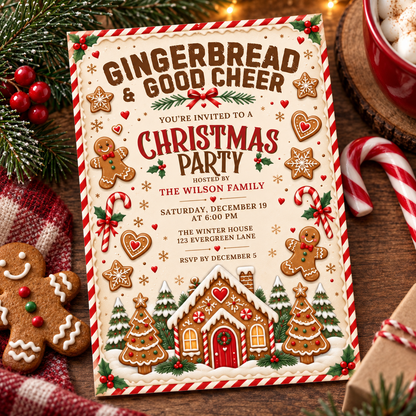 Gingerbread house Christmas invitation lying among cookies and pine branches