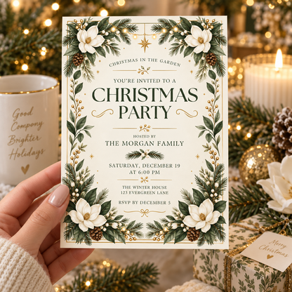 White magnolia Christmas party invitation held in a hand beside candles and gift boxes