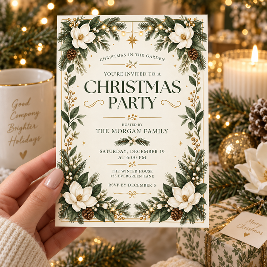 White magnolia Christmas party invitation held in a hand beside candles and gift boxes