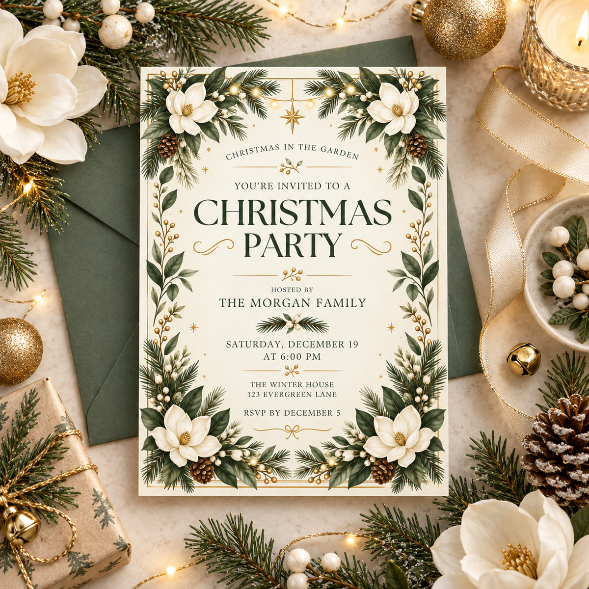 Christmas in the Garden invitation on green velvet with magnolias and gold ornaments
