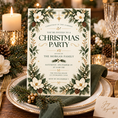 Magnolia Christmas invitation on a gold charger with candles and pine cones
