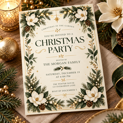 White and gold Christmas invitation on linen with magnolia blooms and greenery