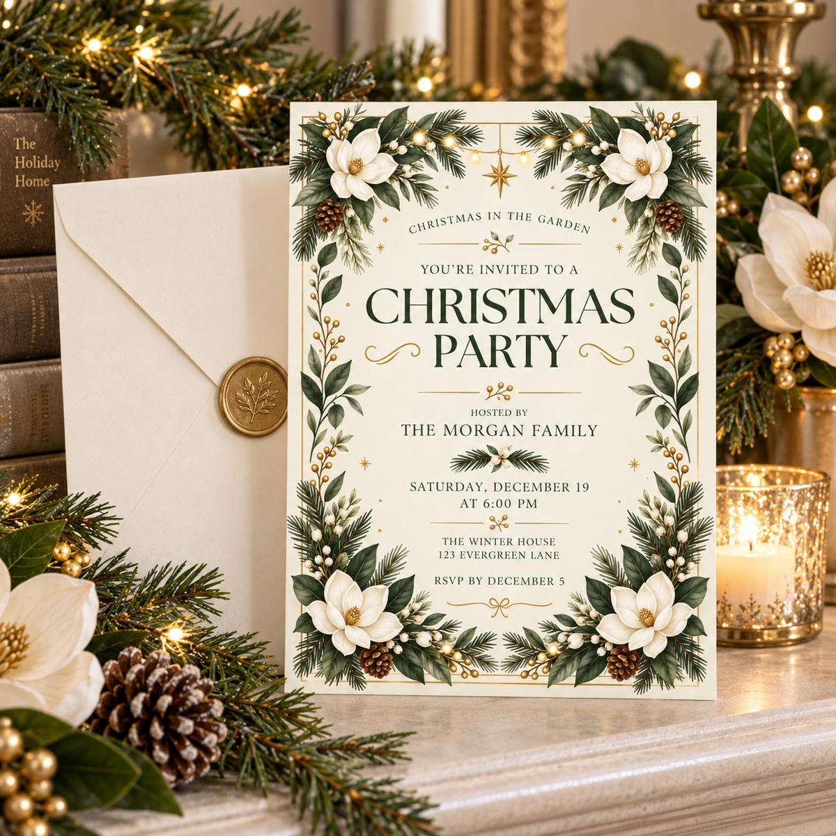 Magnolia Christmas party invitation with a white envelope and gold wax seal
