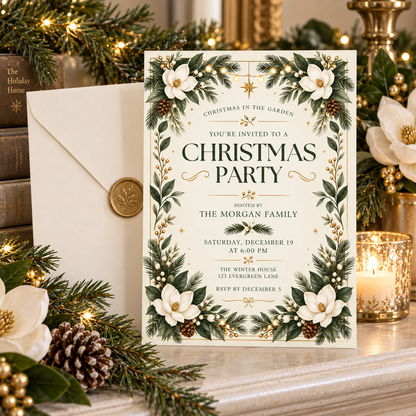Magnolia Christmas party invitation with a white envelope and gold wax seal