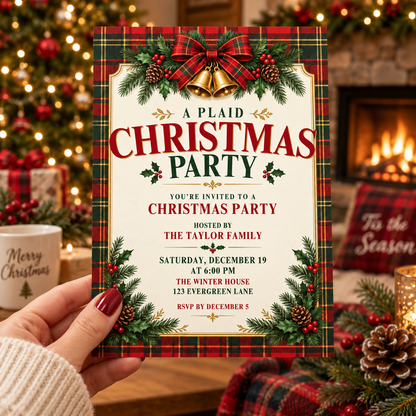 Plaid Christmas party invitation held in a hand in front of a fireplace and tree