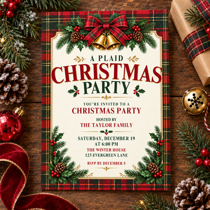 Red and green tartan Christmas invitation on plaid fabric with pine cones