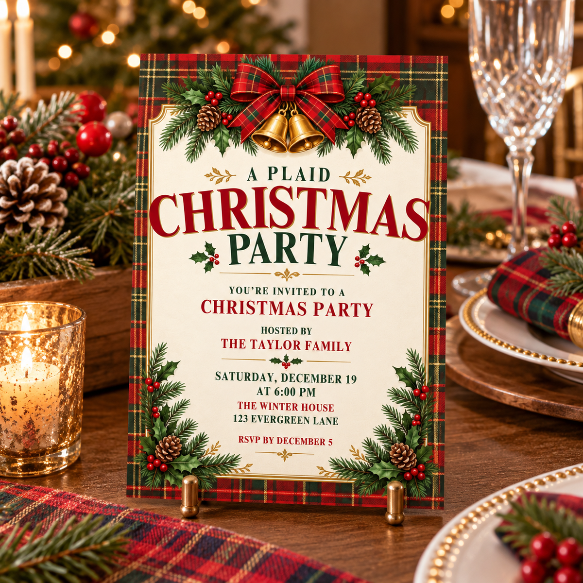 Plaid Christmas party invitation on an easel on a candlelit dinner table