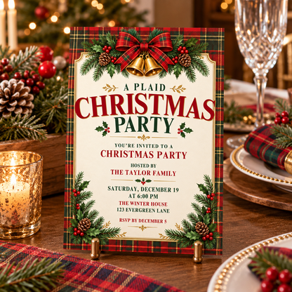 Plaid Christmas party invitation on an easel on a candlelit dinner table