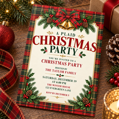 Tartan Christmas invitation lying on wood with gold bells and red ornaments