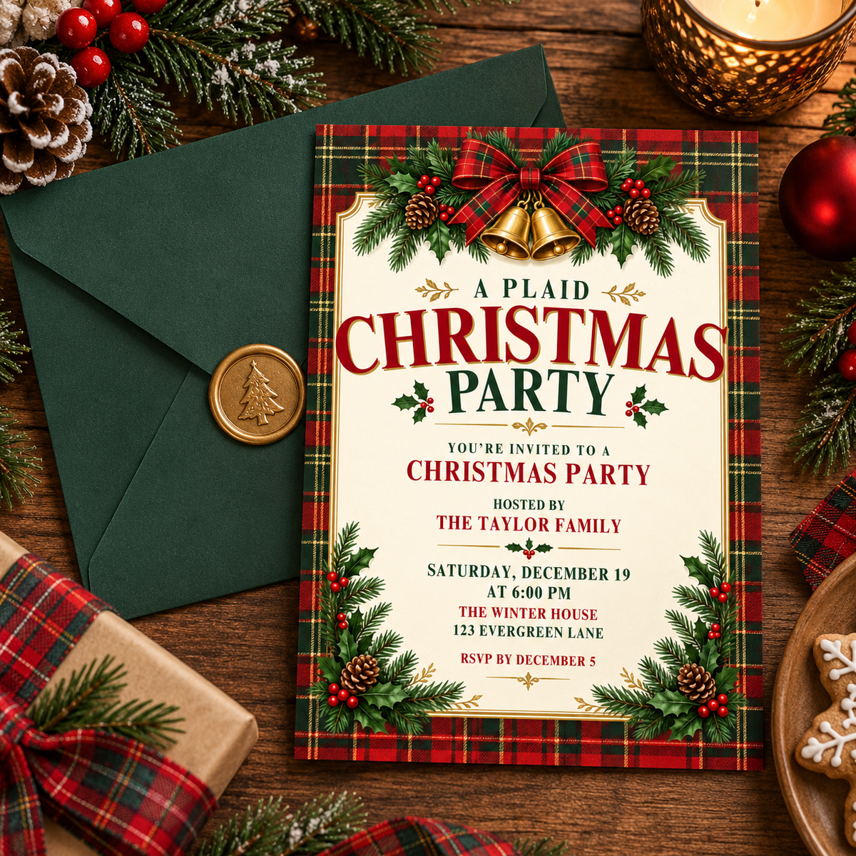Plaid Christmas party invitation with a green envelope and gold wax seal