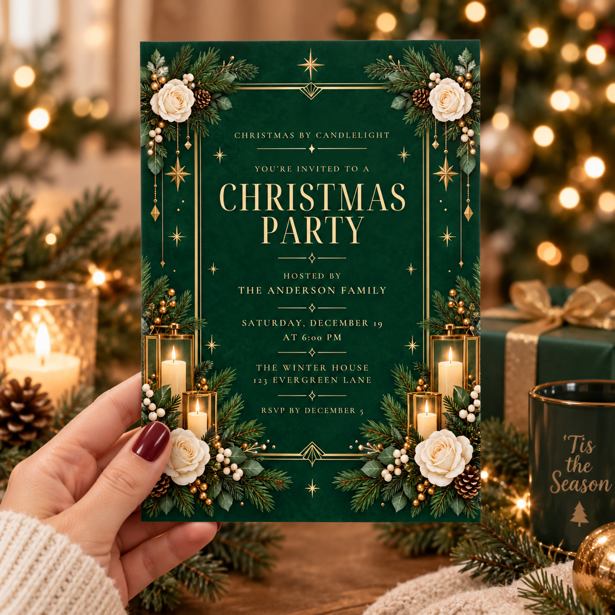 Emerald and gold Christmas invitation held in a hand beside candles and a lit tree