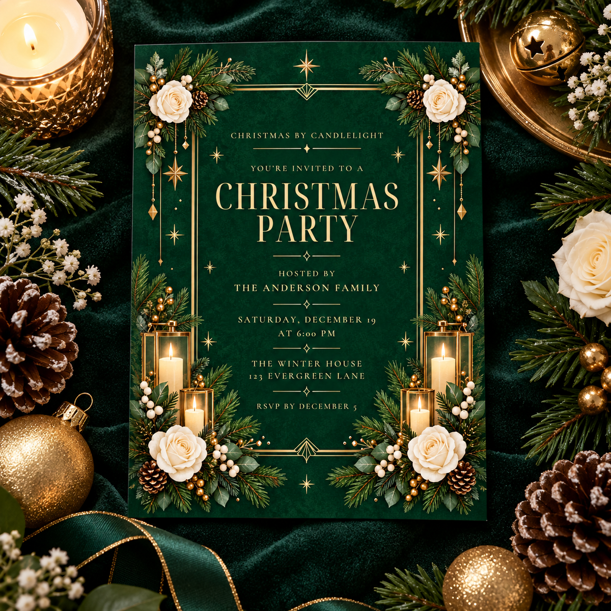 Emerald Christmas by Candlelight invitation on green velvet with gold ornaments
