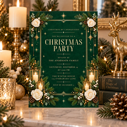 Emerald Christmas party invitation standing among candles on a holiday table