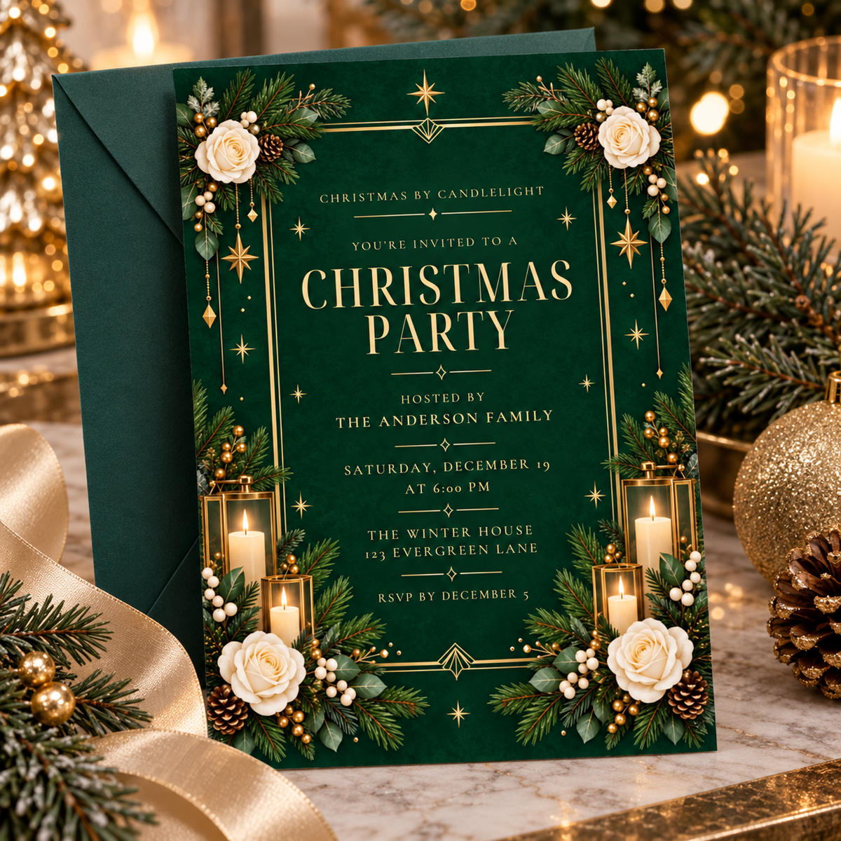 Art deco Christmas invitation with an emerald envelope, gold ribbon and pine cones