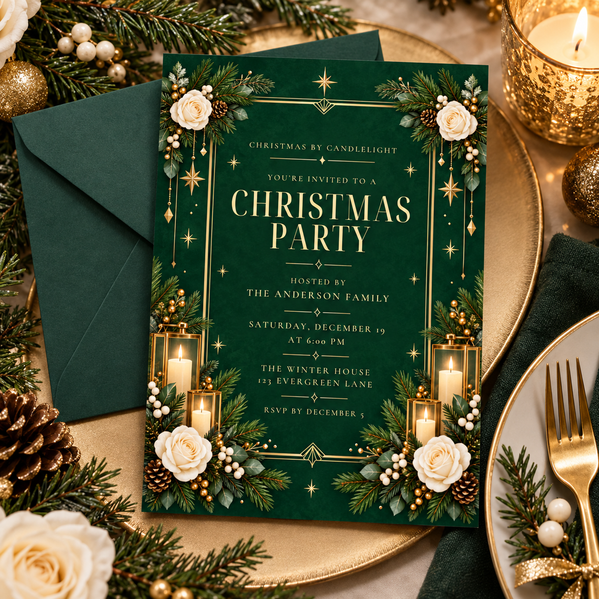 Emerald and gold Christmas invitation on a gold charger with cutlery and pine