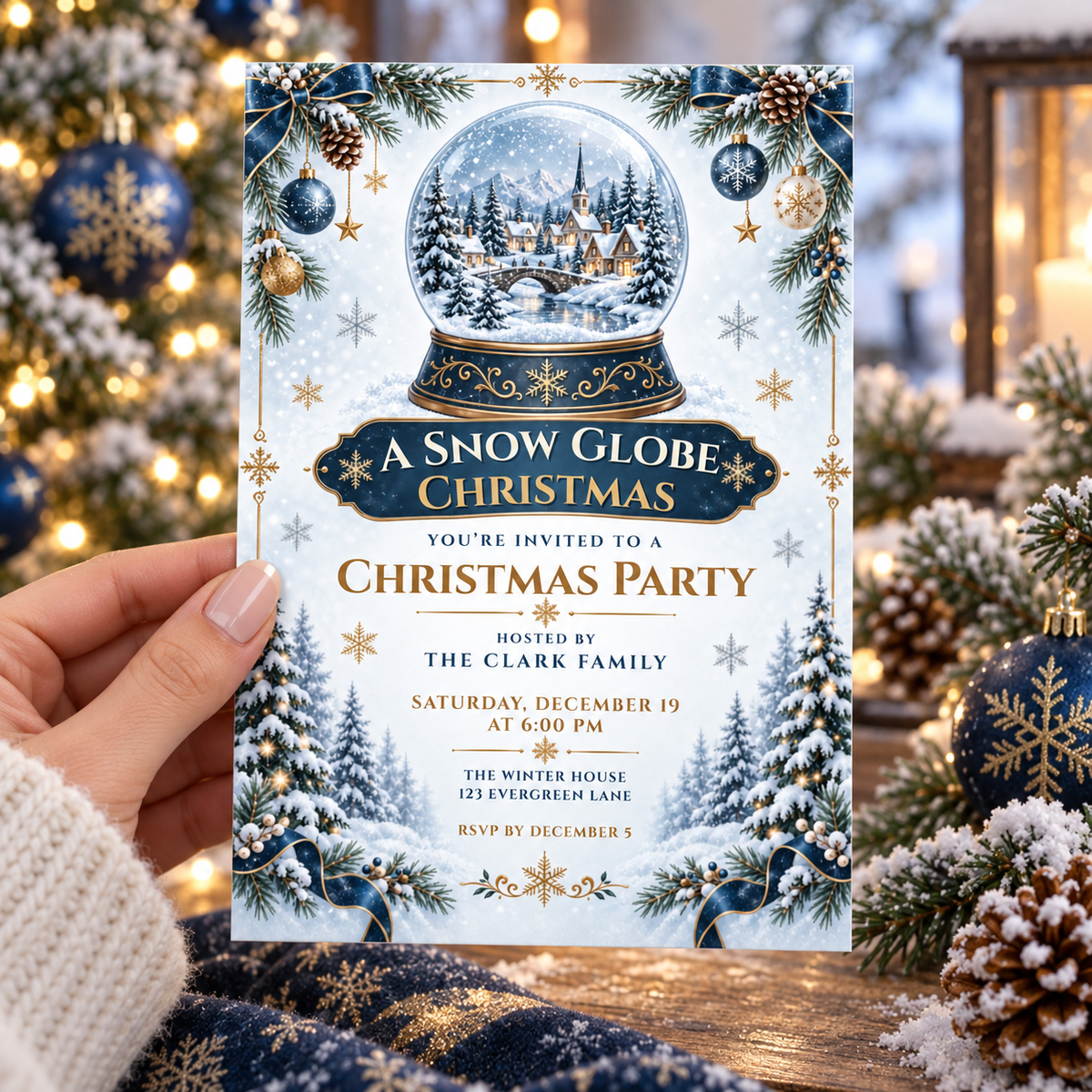 Snow globe Christmas party invitation held in a hand beside a lit tree and pine cones