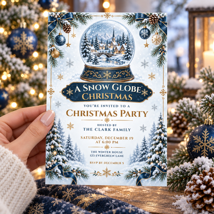 Snow globe Christmas party invitation held in a hand beside a lit tree and pine cones