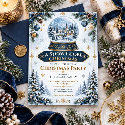 Snow globe Christmas invitation with a navy envelope and gold wax seal on fabric