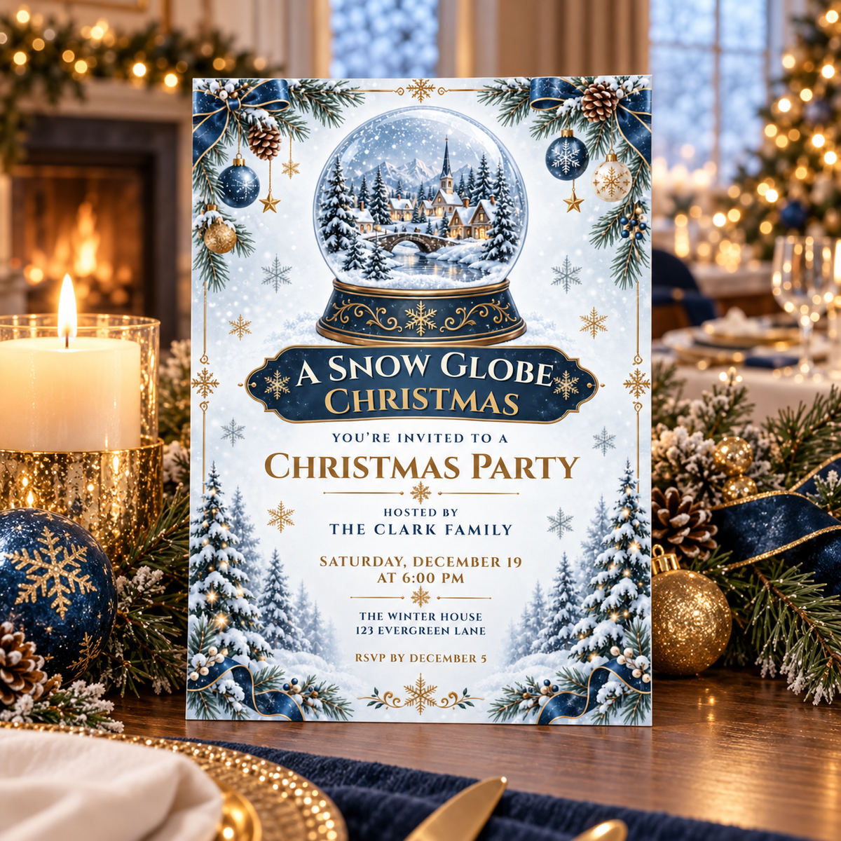 Snow globe Christmas invitation on a candlelit table with navy ornaments