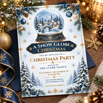 Winter village Christmas invitation on navy velvet ribbon with pine sprigs