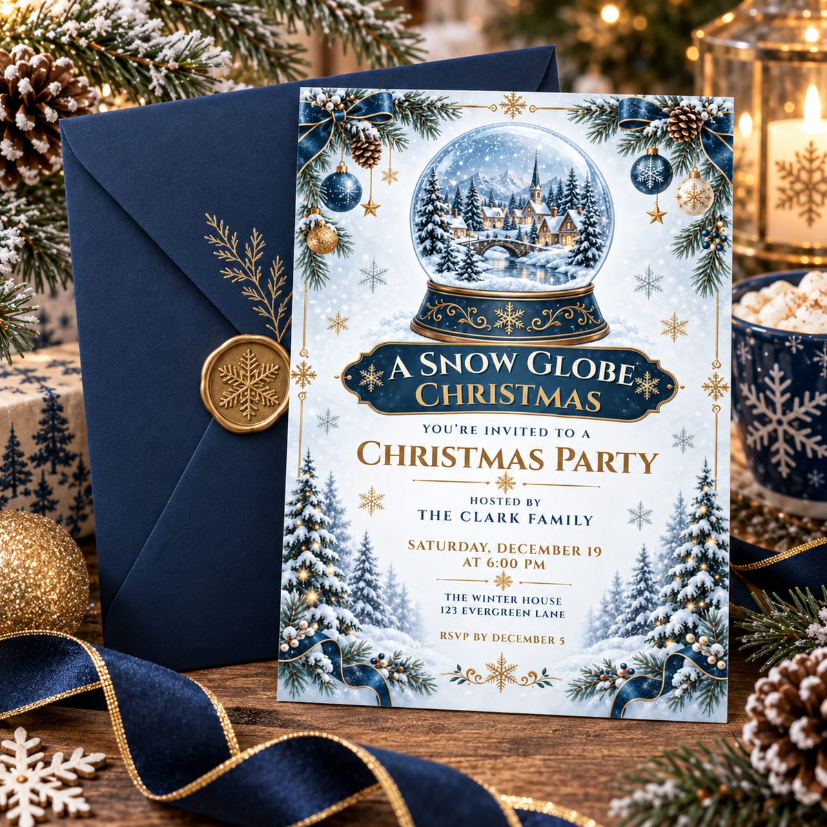 Navy and gold snow globe Christmas invitation with a navy envelope and baubles