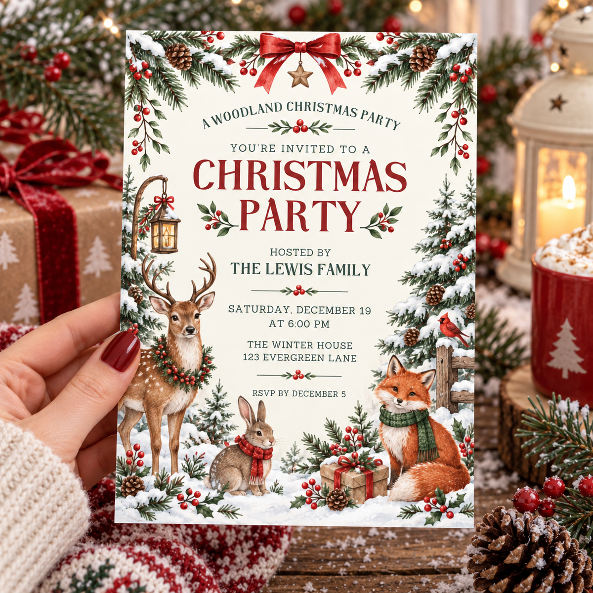 Woodland Christmas invitation with deer, fox and bunny held in a hand by a lantern