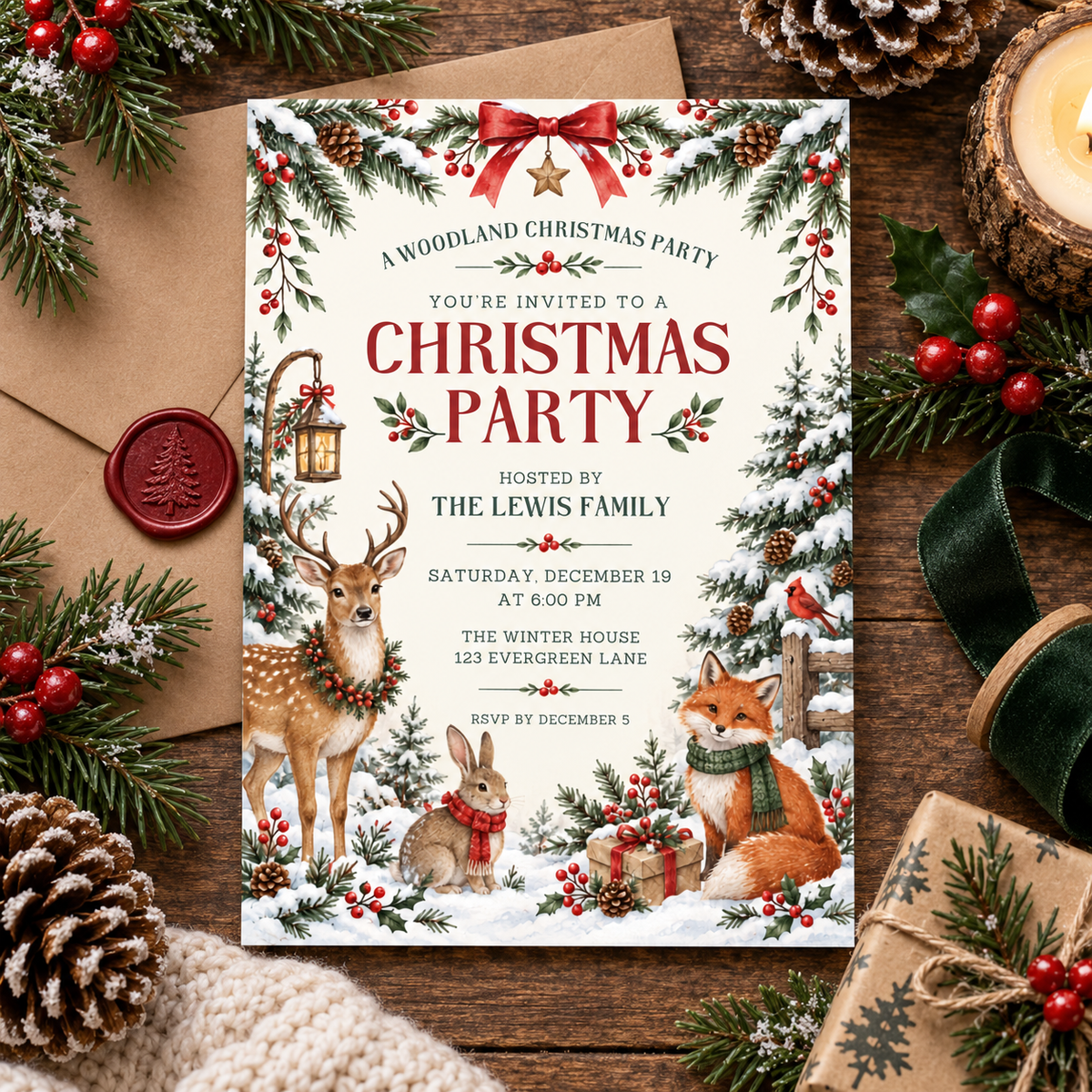 Woodland Christmas party invitation on a wooden table with pine cones and berries