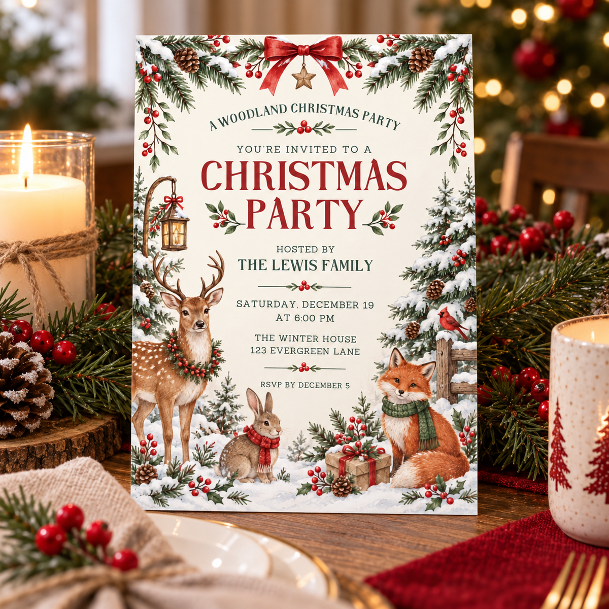 Woodland animal Christmas invitation on a candlelit table with greenery