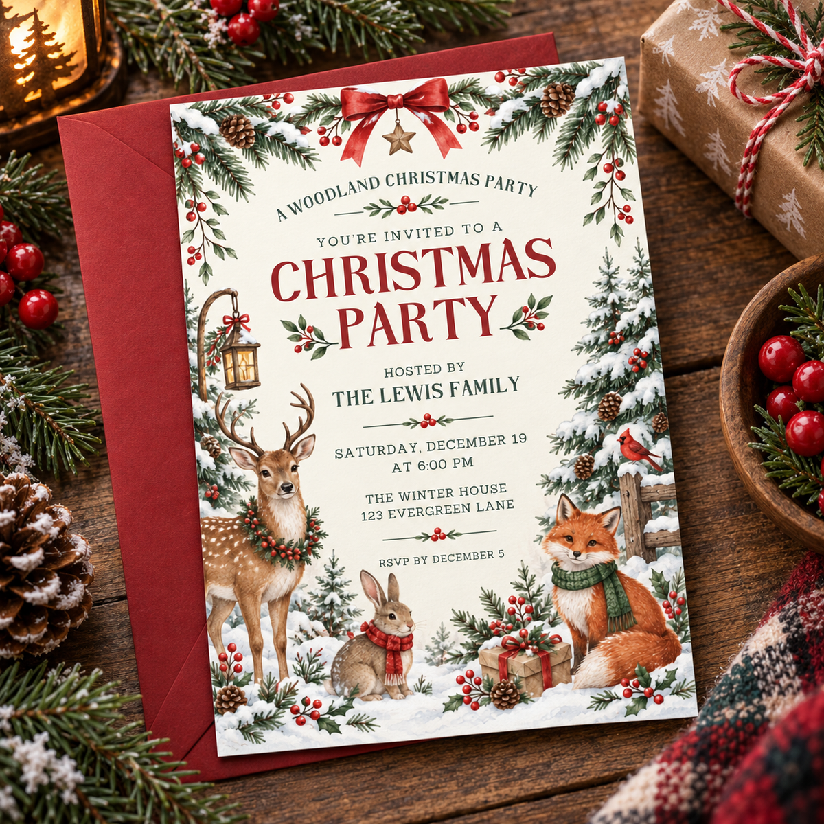 Woodland Christmas invitation with a red envelope, pine sprigs and ornaments
