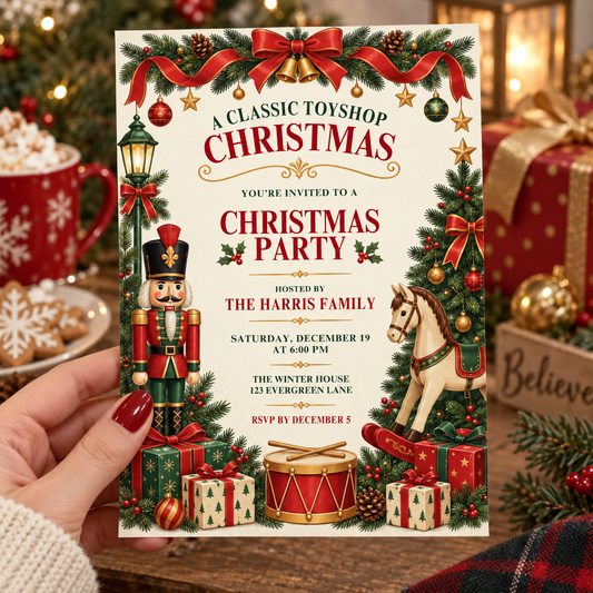Toyshop Christmas invitation with a nutcracker and rocking horse held in a hand
