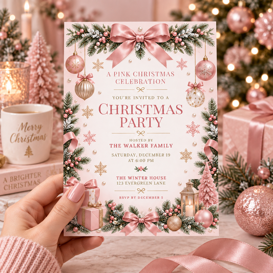 Pink Christmas party invitation with bows held in a hand beside a pink tree
