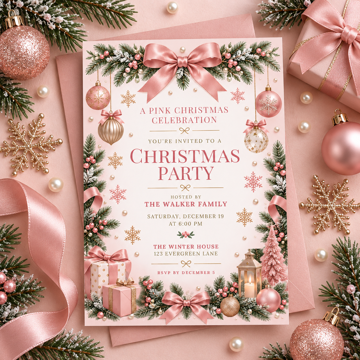 Blush Christmas invitation on pink satin with ornaments and pine sprigs