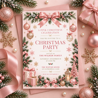 Blush Christmas invitation on pink satin with ornaments and pine sprigs